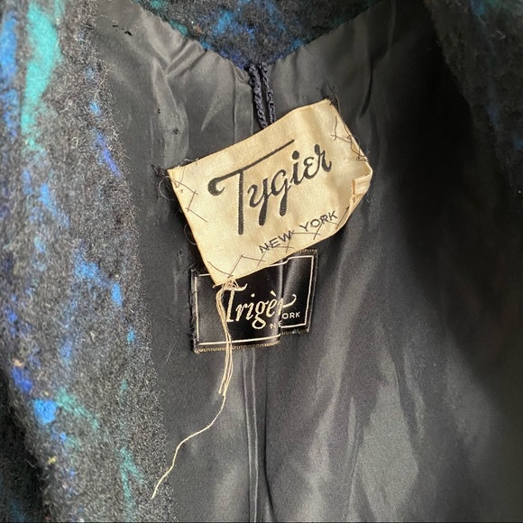 Vintage 50s Tygier Black Plaid Wool Cocoon Swing Full Length Coat L-Xl - Picture 6 of 7